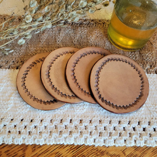 Set of four handmade starburst-edge leather drink coasters – Rocking Y Forge and Leather