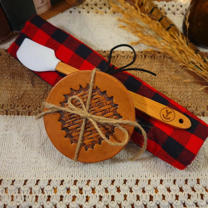 western gift set with handmade (inverted startburst basket weave) leather coasters, white mini-spatula, and red/black plaid towel