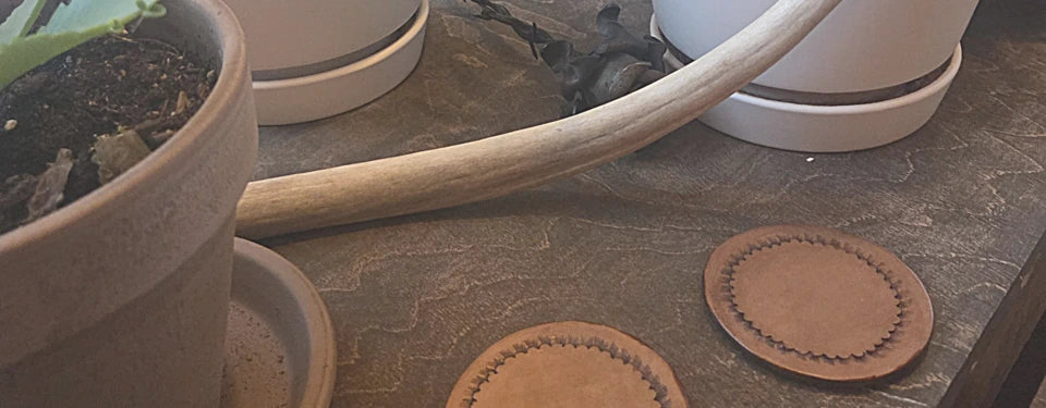 Handcrafted leather coasters on a stone surface with potted plants in the background