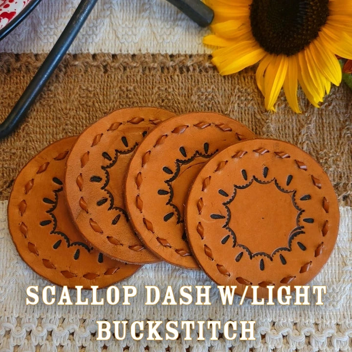 scallop dash w/light buckstitch handmade leather coasters-seconds