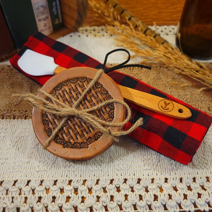 western gift set with handmade (daisy basket weave) leather coasters, white mini-spatula, and red/black plaid towel